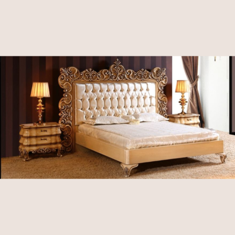 Natural Art & Crafts Grand Wooden Hand Carved Teak Wood Button Tufted King Size Bed with 2 Bedside Tables