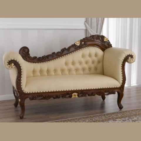 Natural Art & Craft Alejandra Hand Carved Teak Wood Leatherette 3-Seater Chaise Longue Sofa In Walnut Finish ( Beige )