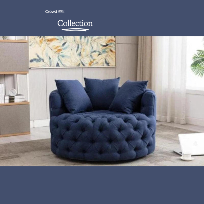 Natural Art & Craft Barrel Button Tufted Design Modern Round Sofa For Living Room with 3 Pillows ( Blue )