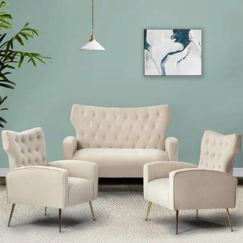 Natural Art & Craft Wooden Square Arm Loveseat Wing Back Chair Set 2+1+1 with Metal Legs ( Beige )