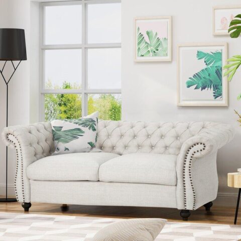 Natural Art & Craft Graceful 2-Seater Velvet Fabric Button Tufted Rolled Arm Chesterfield Sofa ( Beige )