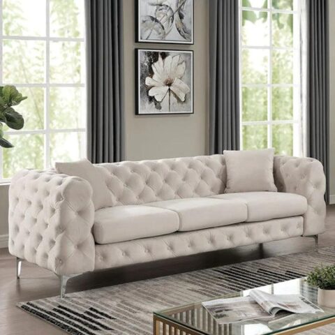 Natural Art & Craft Sapphira Modern Elegant Button Tufted Design Solid Wood 3 Seater Sofa with Comfortable Cushions Metal Legs ( Beige )