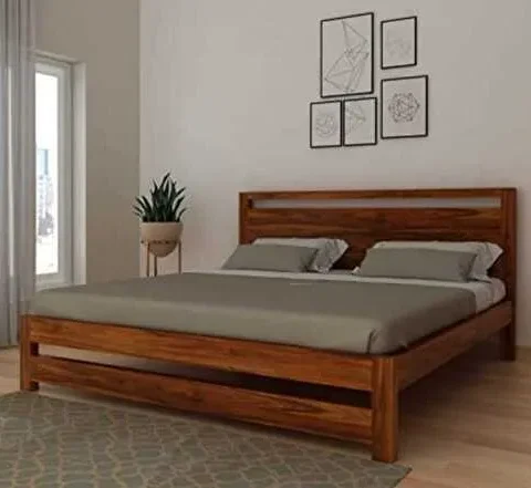 Natural Art & Crafts Plain Design Handmade Teak Wood King Size Bed Luxurious Honey Finish, Elegant for Bedroom Decor