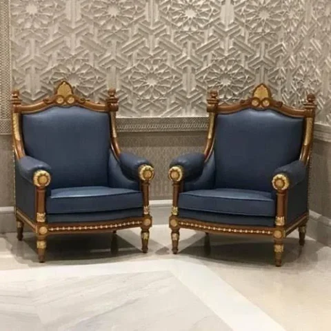 Natural Art & Craft Wooden Carved Teak Wood Wedding Sofa Chair with Cushion Luxury Handcrafted for Traditional Weddings & Events ( Set of 2 )