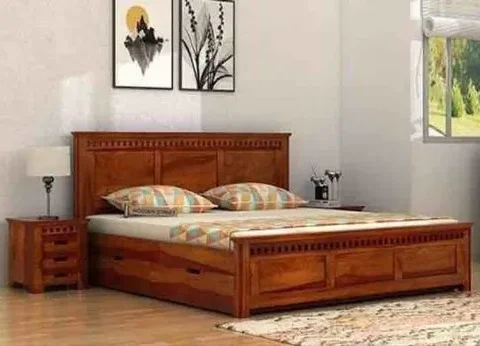 Natural Art & Crafts Wrapped Plain Design Handmade Teak Wood King Size Bed Luxurious Honey Finish Elegant Bedroom Decor With 2 Bedside Tables