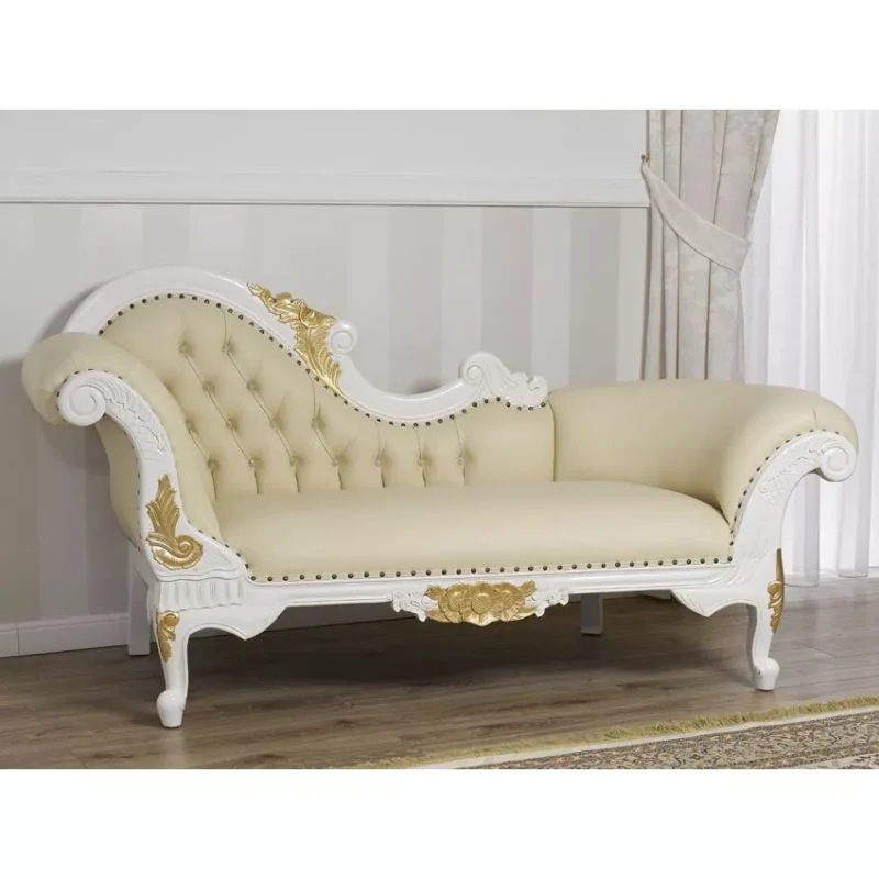 Natural Art & Craft Baroque Style Hand Carved Button Tufted Teak Wood 3-Seater Chaise Longue Ivory Finish ( Golden Leaf )