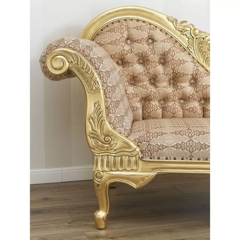 Natural Art & Craft Baroque Style Hand Carved Button Tufted Teak Wood 3-Seater Chaise Longue Gold Leaf Damask Fabric - Image 5