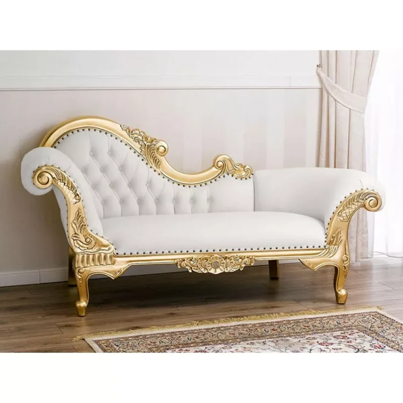 Natural Art & Craft Baroque Style Hand Carved Button Tufted Teak Wood 3-Seater Chaise Longue ( White & Golden)
