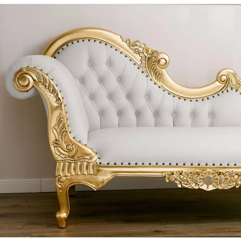 Natural Art & Craft Baroque Style Hand Carved Button Tufted Teak Wood 3-Seater Chaise Longue ( White & Golden) - Image 5
