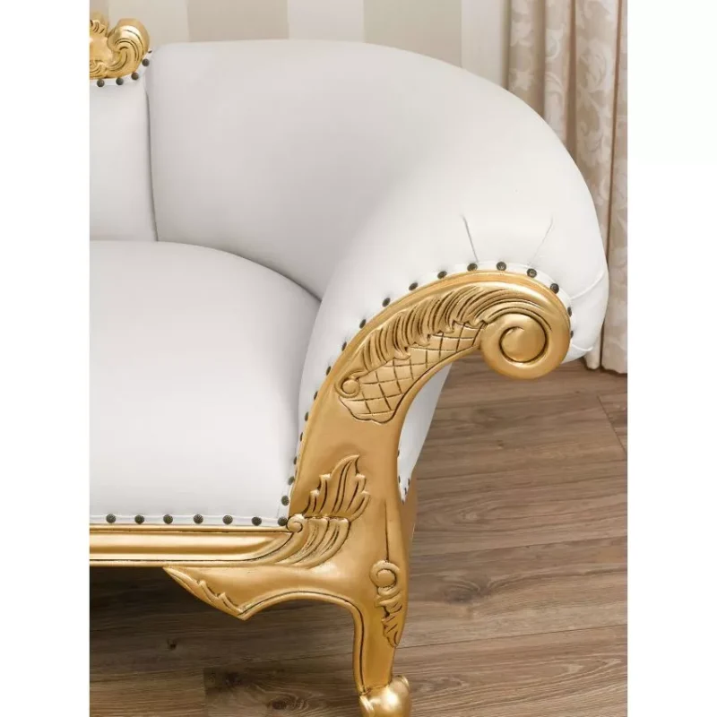Natural Art & Craft Baroque Style Hand Carved Button Tufted Teak Wood 3-Seater Chaise Longue ( White & Golden) - Image 2