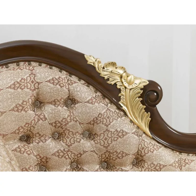 Natural Art & Craft Baroque Style Hand Carved Button Tufted Teak Wood 3-Seater Chaise Longue Walnut and Gold Leaf - Image 4