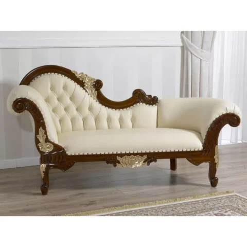 Natural Art & Craft Baroque Style Hand Carved Button Tufted Teak Wood 3-Seater Chaise Longue Walnut Finish ( Golden Leaf )