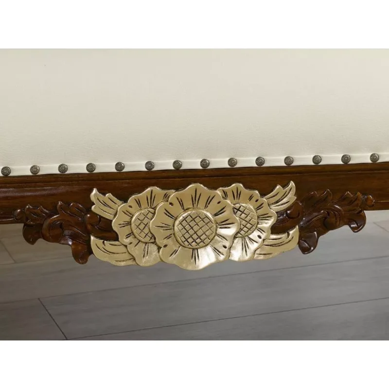 Natural Art & Craft Baroque Style Hand Carved Button Tufted Teak Wood 3-Seater Chaise Longue Walnut Finish ( Golden Leaf ) - Image 2