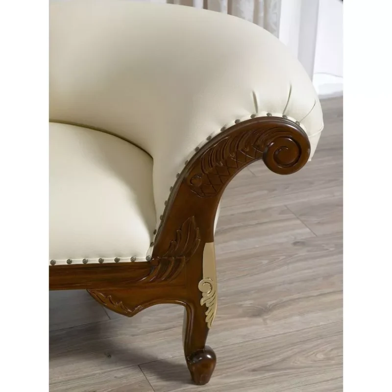 Natural Art & Craft Baroque Style Hand Carved Button Tufted Teak Wood 3-Seater Chaise Longue Walnut Finish ( Golden Leaf ) - Image 3