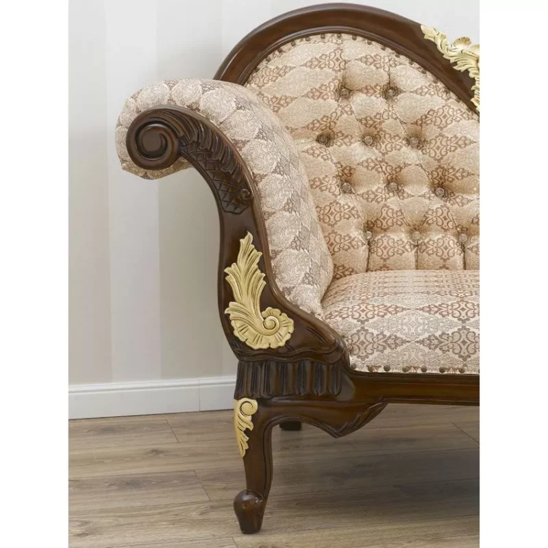 Natural Art & Craft Baroque Style Hand Carved Button Tufted Teak Wood 3-Seater Chaise Longue Walnut and Gold Leaf - Image 5