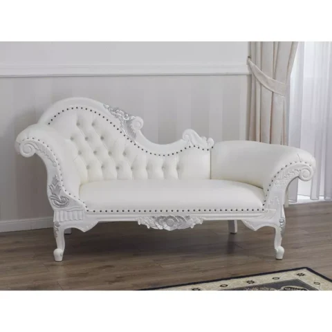 Natural Art & Craft Baroque Style Hand Carved Button Tufted Teak Wood 3-Seater Chaise Longue ( White & Silver )