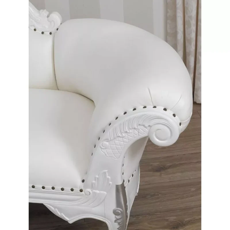 Natural Art & Craft Baroque Style Hand Carved Button Tufted Teak Wood 3-Seater Chaise Longue ( White & Silver ) - Image 2