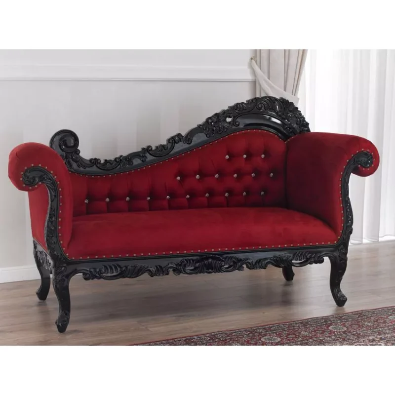 Natural Art & Craft Alejandra Hand Carved Teak Wood 3-Seater Chaise Longue Sofa Black Leaf ( Red )