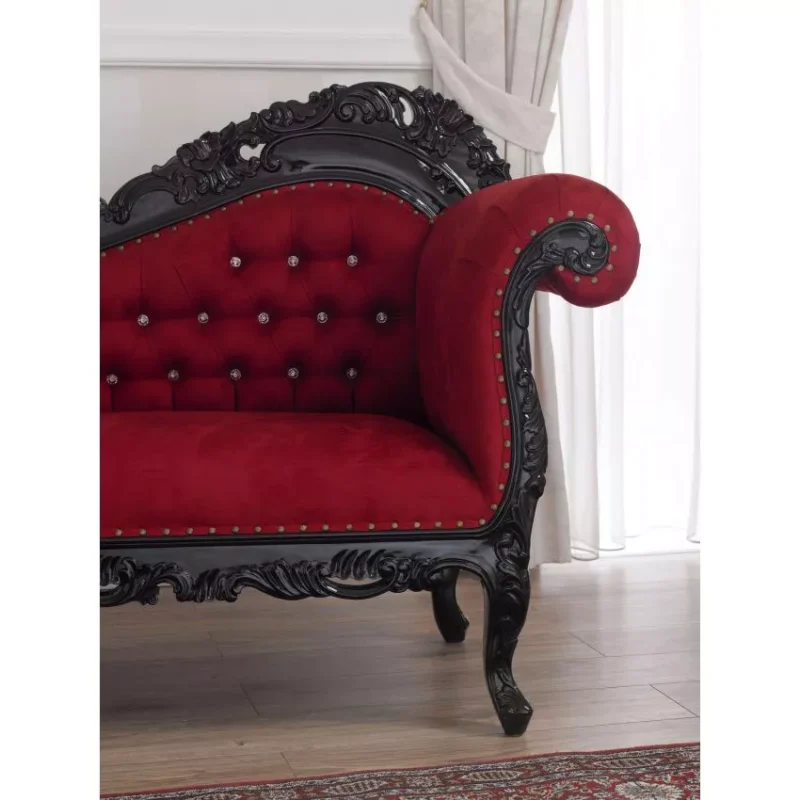 Natural Art & Craft Alejandra Hand Carved Teak Wood 3-Seater Chaise Longue Sofa Black Leaf ( Red ) - Image 5
