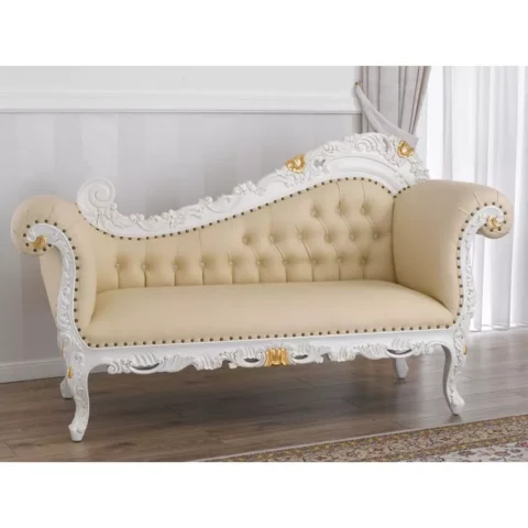 Natural Art & Craft Alejandra Hand Carved Teak Wood Leatherette 3-Seater Chaise Longue Sofa Ivory and Gold Finish