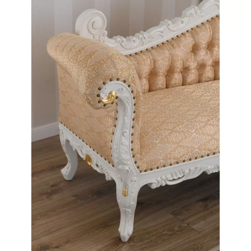 Natural Art & Craft Alejandra Hand Carved Teak Wood 3-Seater Chaise Longue Sofa Gold Leaf ( Ivory ) - Image 2