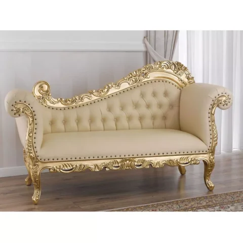 Natural Art & Craft Alejandra Hand Carved Teak Wood Leatherette 3-Seater Chaise Longue Sofa ( Golden & Beige )