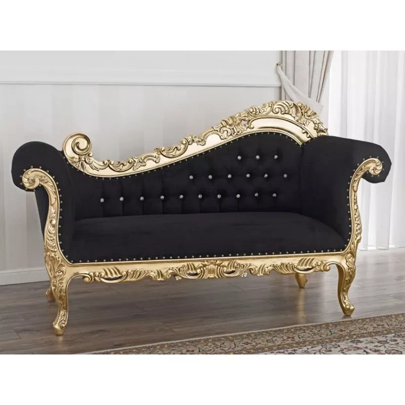 Natural Art & Craft Alejandra Hand Carved Teak Wood 3-Seater Chaise Longue Gold Leaf Black Velvet Fabric