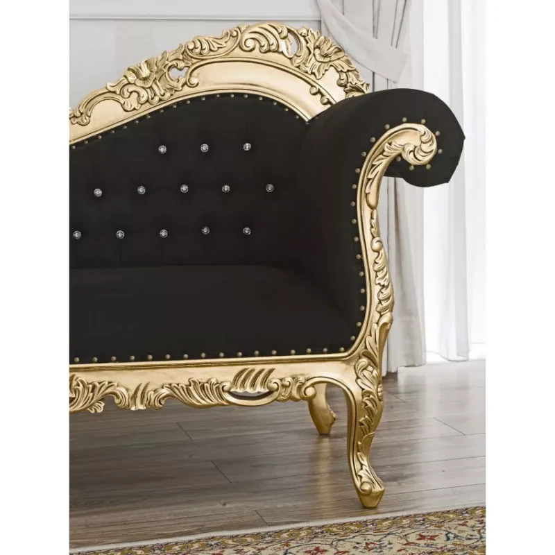 Natural Art & Craft Alejandra Hand Carved Teak Wood 3-Seater Chaise Longue Gold Leaf Black Velvet Fabric - Image 5