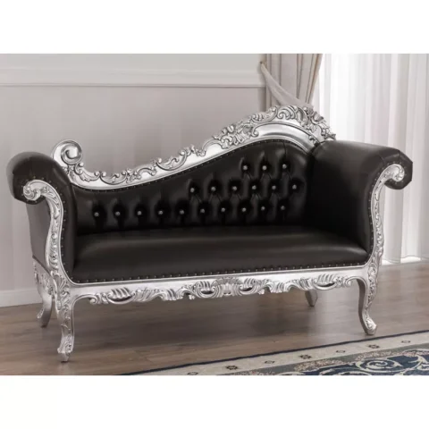 Natural Art & Craft Alejandra Hand Carved Teak Wood Leatherette 3-Seater Chaise Longue Sofa Silver Leaf ( Black )