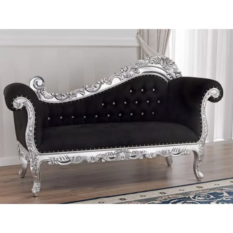 Natural Art & Craft Alejandra Hand Carved Teak Wood 3-Seater Chaise Longue Silver Leaf Black Velvet Fabric