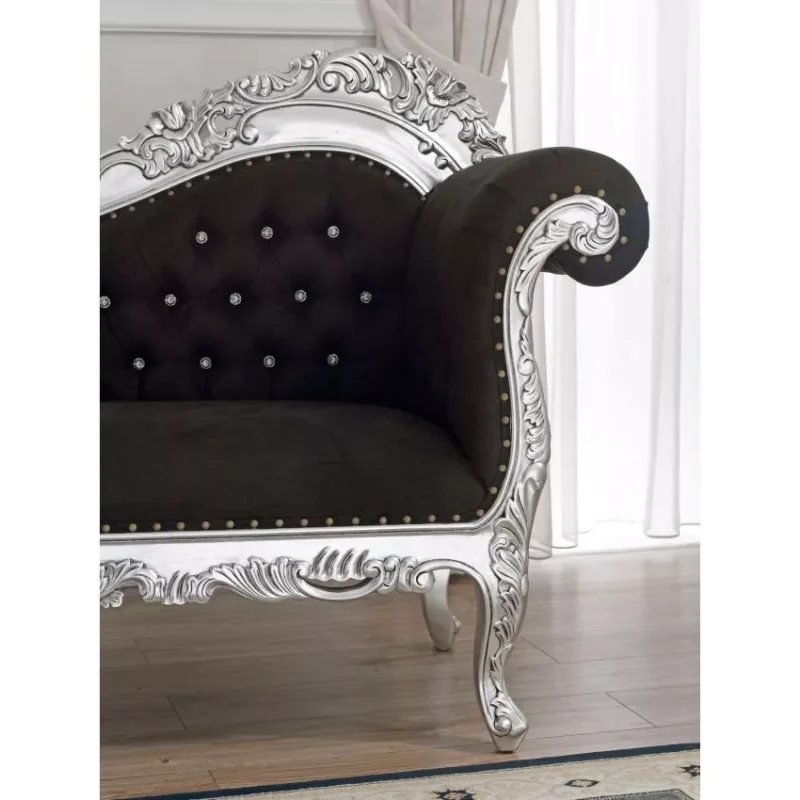 Natural Art & Craft Alejandra Hand Carved Teak Wood 3-Seater Chaise Longue Silver Leaf Black Velvet Fabric - Image 5