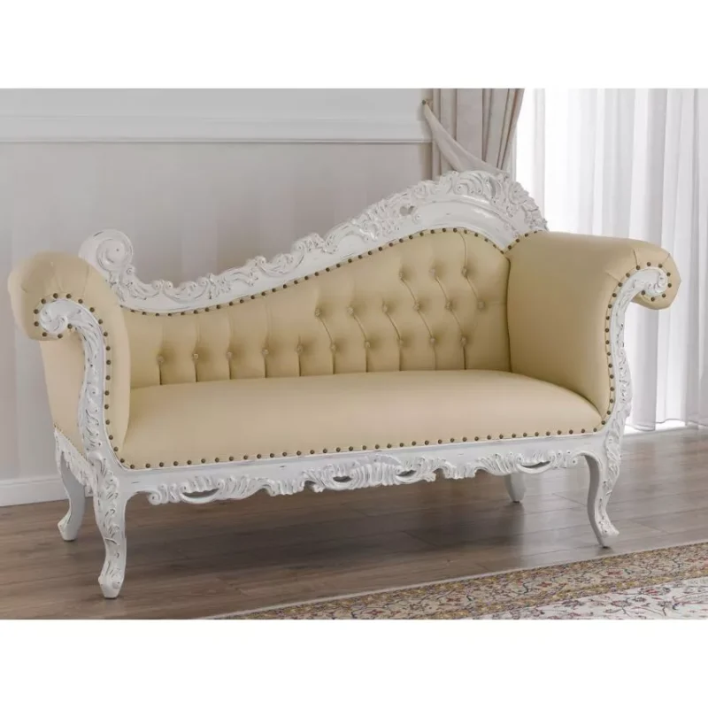 Natural Art & Craft Alejandra Hand Carved Teak Wood Leatherette 3-Seater Chaise Longue Sofa In Antique White Finish