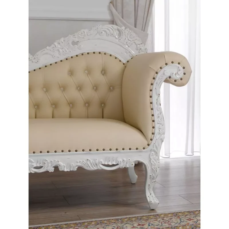 Natural Art & Craft Alejandra Hand Carved Teak Wood Leatherette 3-Seater Chaise Longue Sofa In Antique White Finish - Image 3