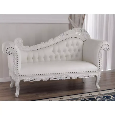 Natural Art & Craft Alejandra Hand Carved Teak Wood Leatherette 3-Seater Chaise Longue Sofa White and Silver Leaf
