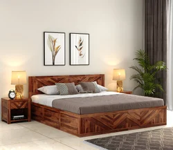 Natural Art & Crafts Accomplish Plain Design Handmade Teak Wood King Size Bed Luxurious Elegant Bedroom Decor with 2 Bedside Table