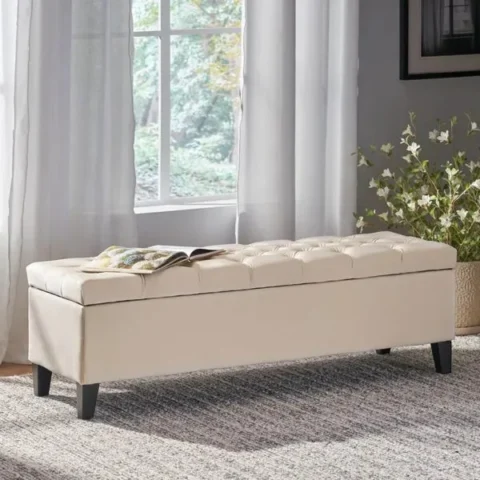 Natural Art & Craft Button Tufted Teak Wood Velvet Fabric Flip Top Storage Bench Couch