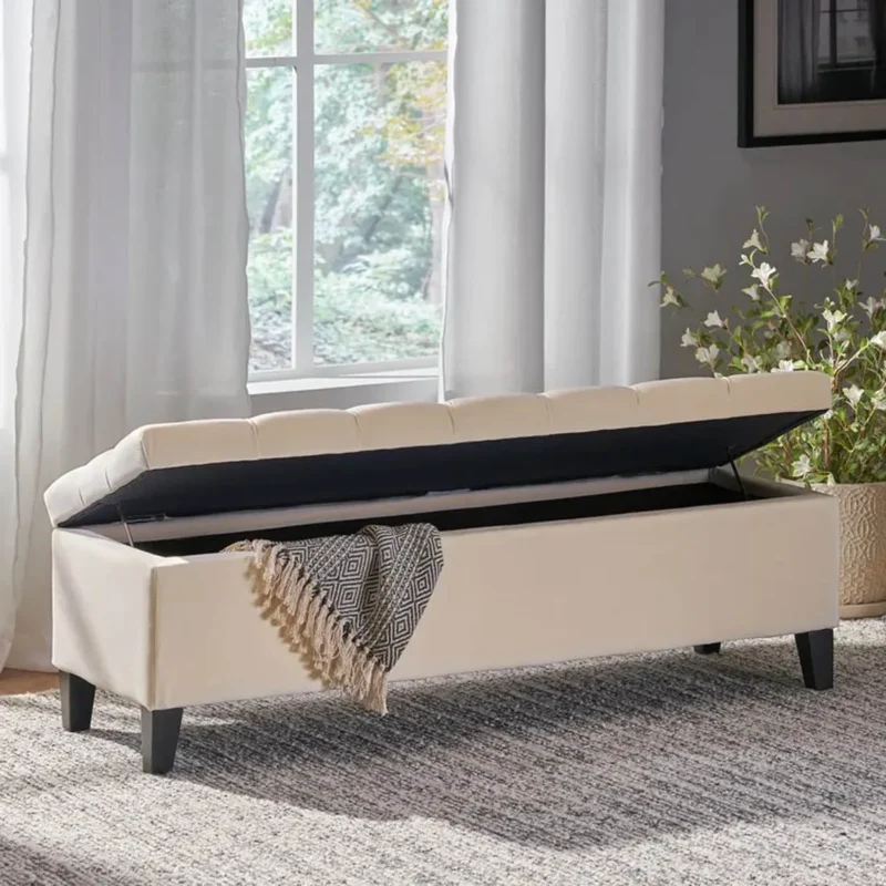 Natural Art & Craft Button Tufted Teak Wood Velvet Fabric Flip Top Storage Bench Couch - Image 2