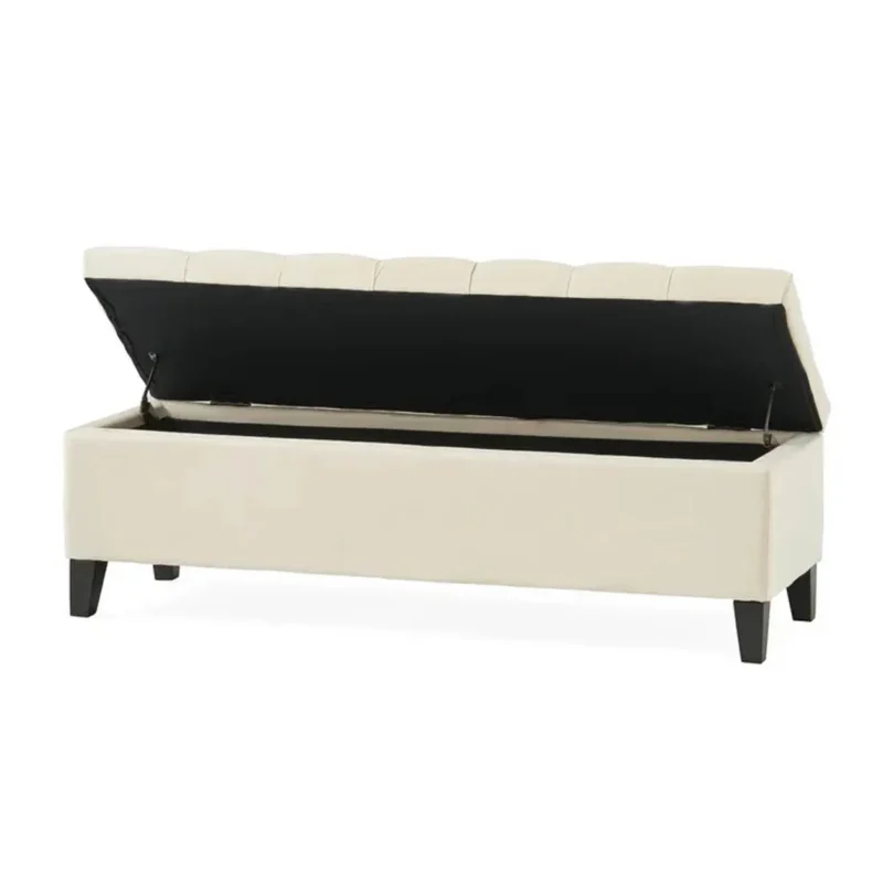 Natural Art & Craft Button Tufted Teak Wood Velvet Fabric Flip Top Storage Bench Couch - Image 3