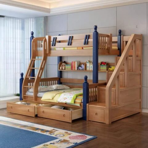 Natural Art & Crafts Occasion Handmade Teak Wood Bunk Bed with Drawers Rustic Storage Bunk Bed for Kids, Durable and Space-Saving Wooden Design