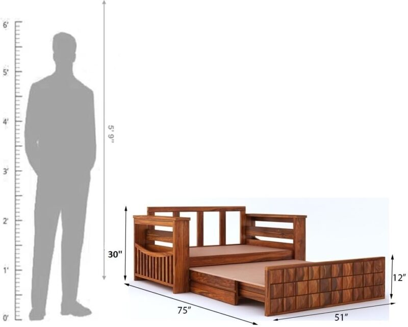 Natural Art & Craft Slope Handmade Teak Wood 2 Seater Sofa Cum Bed Rustic Convertible Wooden Sofa Bed for Living Room ( Honey Finish ) - Image 5