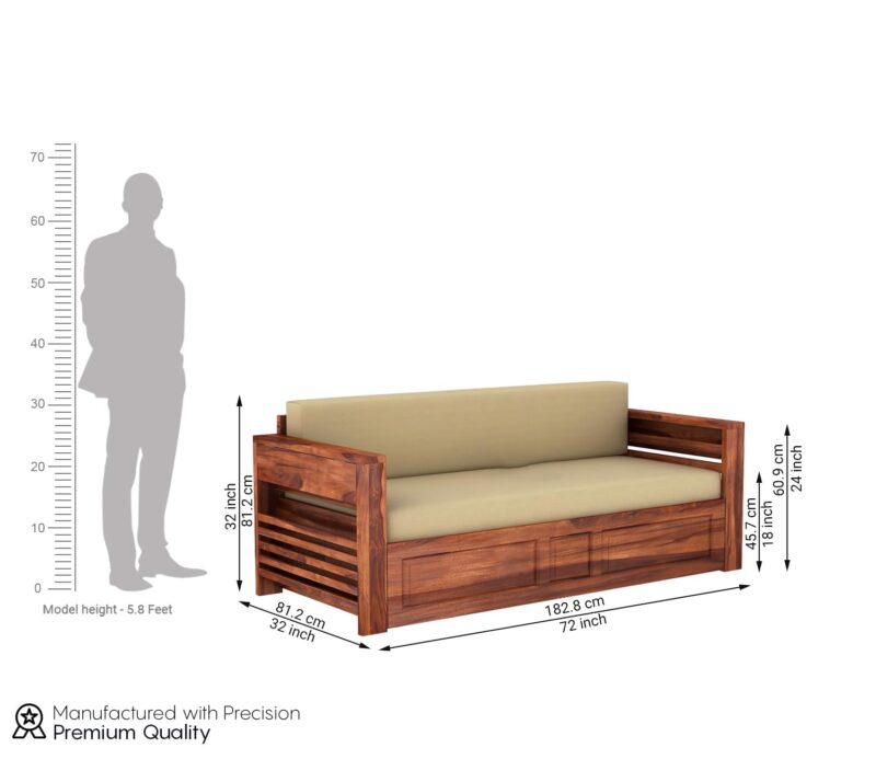Natural Art & Crafts Expandable Flap Magazine Rack Handmade Teak Wood 3-Seater Sofa Cum Bed Comfortable Convertible Seating for Living Room - Image 7