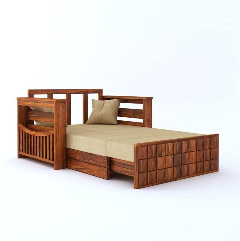 Natural Art & Craft Slope Handmade Teak Wood 2 Seater Sofa Cum Bed Rustic Convertible Wooden Sofa Bed for Living Room ( Honey Finish ) - Image 4