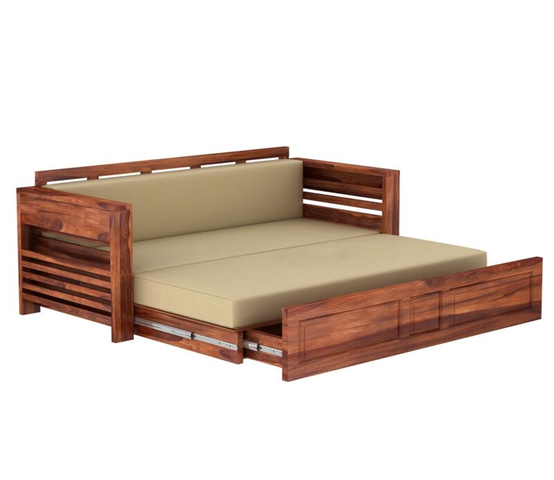 Natural Art & Crafts Expandable Flap Magazine Rack Handmade Teak Wood 3-Seater Sofa Cum Bed Comfortable Convertible Seating for Living Room - Image 4
