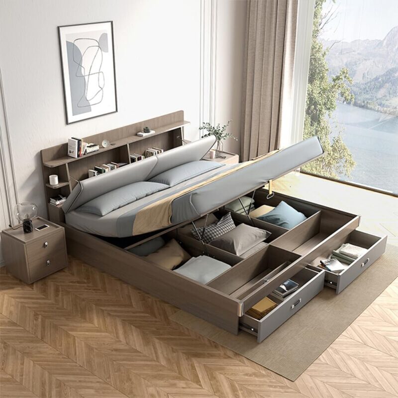 Natural Art & Crafts Tivoli Generous Premium Teak Wood Hydraulic Storage King Size Bed Modern Space Saving Design with Elegant Finish with 2 Drawers - Image 2