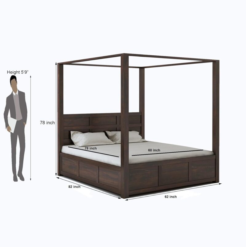 Natural Art & Crafts Flyer Royal Handmade Teak Wood Poster Bed with Matching 2 Bedside Table ( Walnut Finish ) - Image 4