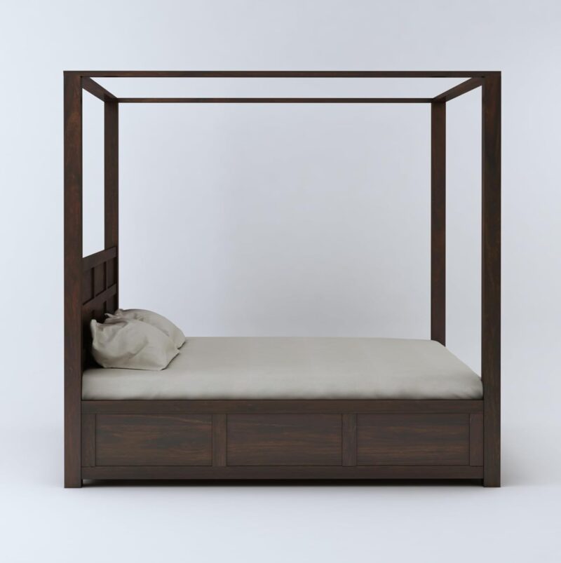 Natural Art & Crafts Flyer Royal Handmade Teak Wood Poster Bed with Matching 2 Bedside Table ( Walnut Finish ) - Image 3