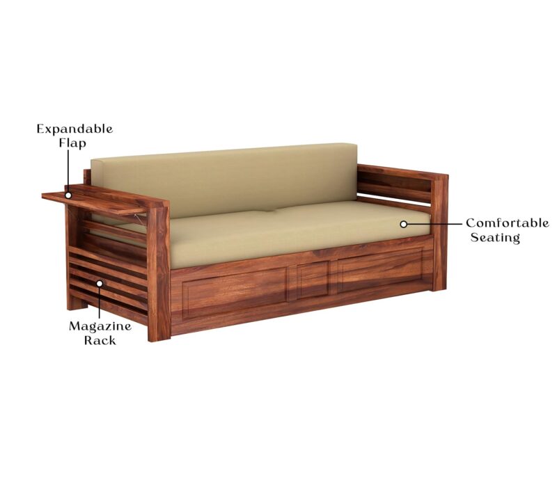 Natural Art & Crafts Expandable Flap Magazine Rack Handmade Teak Wood 3-Seater Sofa Cum Bed Comfortable Convertible Seating for Living Room - Image 5