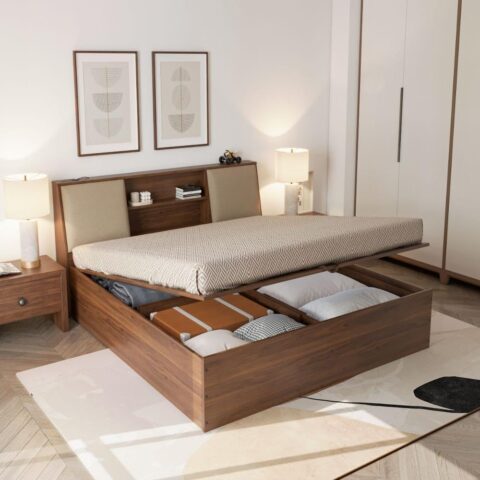 Natural Art & Crafts Bonzer Teak Wood Hydraulic Storage King Size Bed Modern Space Saving Design with Elegant Finish