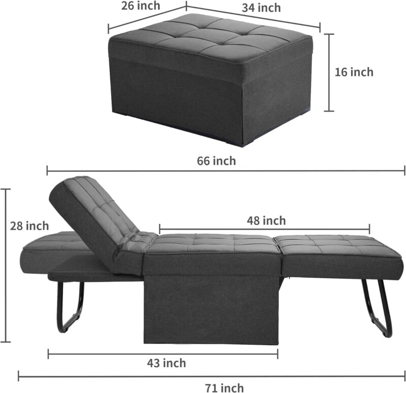 Natural Art & Crafts Modern Convertible Ottoman Teak Wood & Metal Frame with Adjustable Backrest Breathable Linen Upholstery Multi-Function Folding Sofa Cum Bed - Image 7