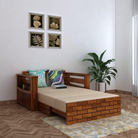Natural Art & Craft Fence Design Handmade Teak Wood 2 Seater Sofa Cum Bed Rustic Convertible Wooden Sofa Bed for Living Room ( Honey Finish )